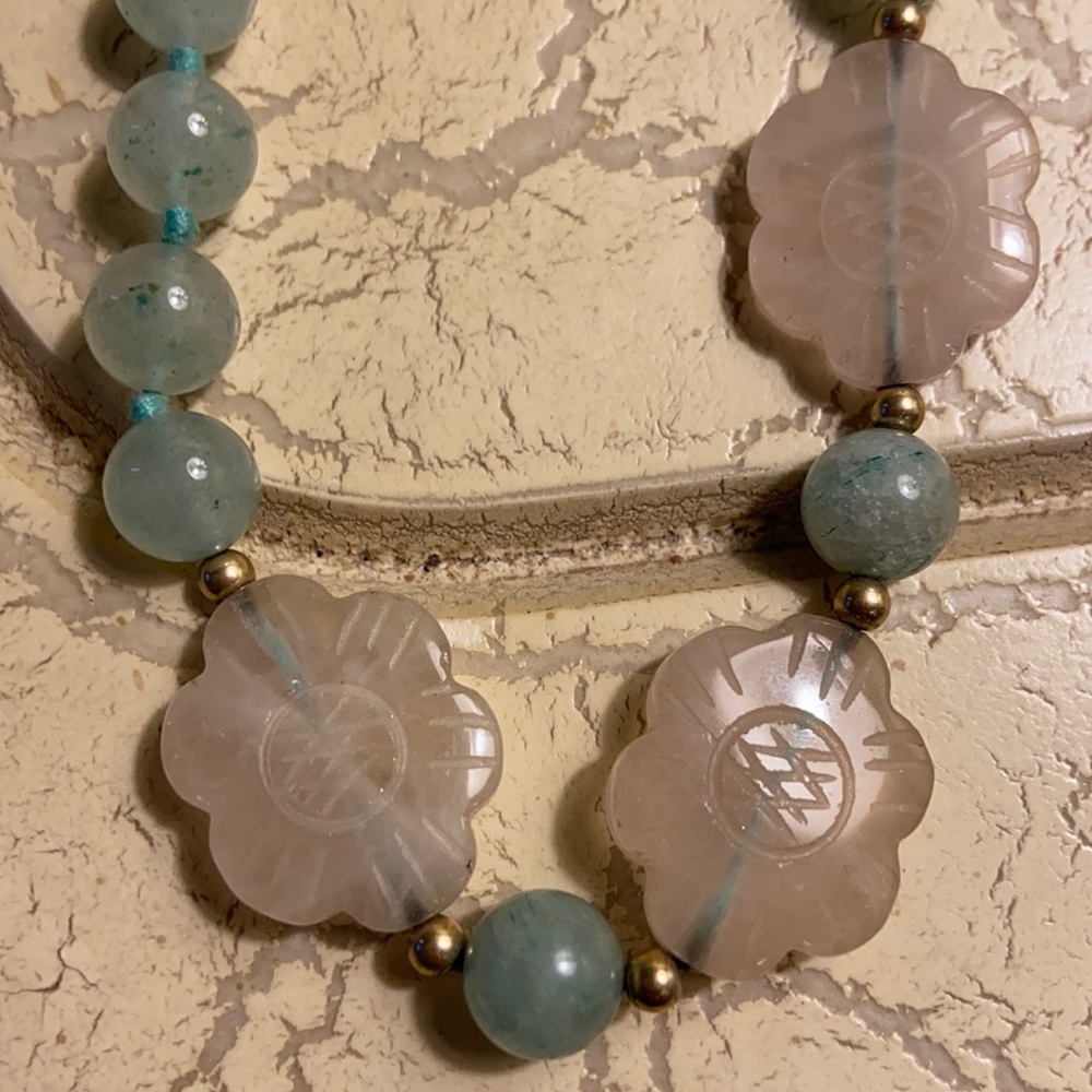 Jade looking & pink flower necklace
